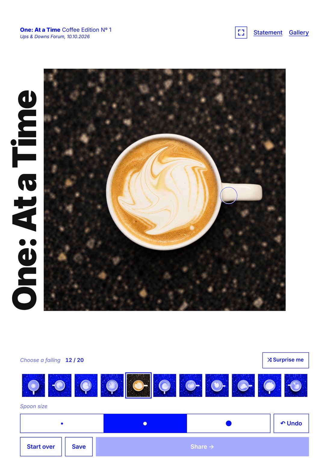 The interactive coffee painter on an iPad: a coffee failing on the canvas with a white swirl painted into it, a row of blue failing thumbnails, spoon sizes, Undo, Start over, Save and Share buttons